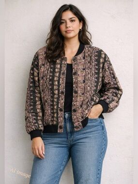 First Option Quilted Jacket Vintage 80s 90s Abstract Print Bomber M